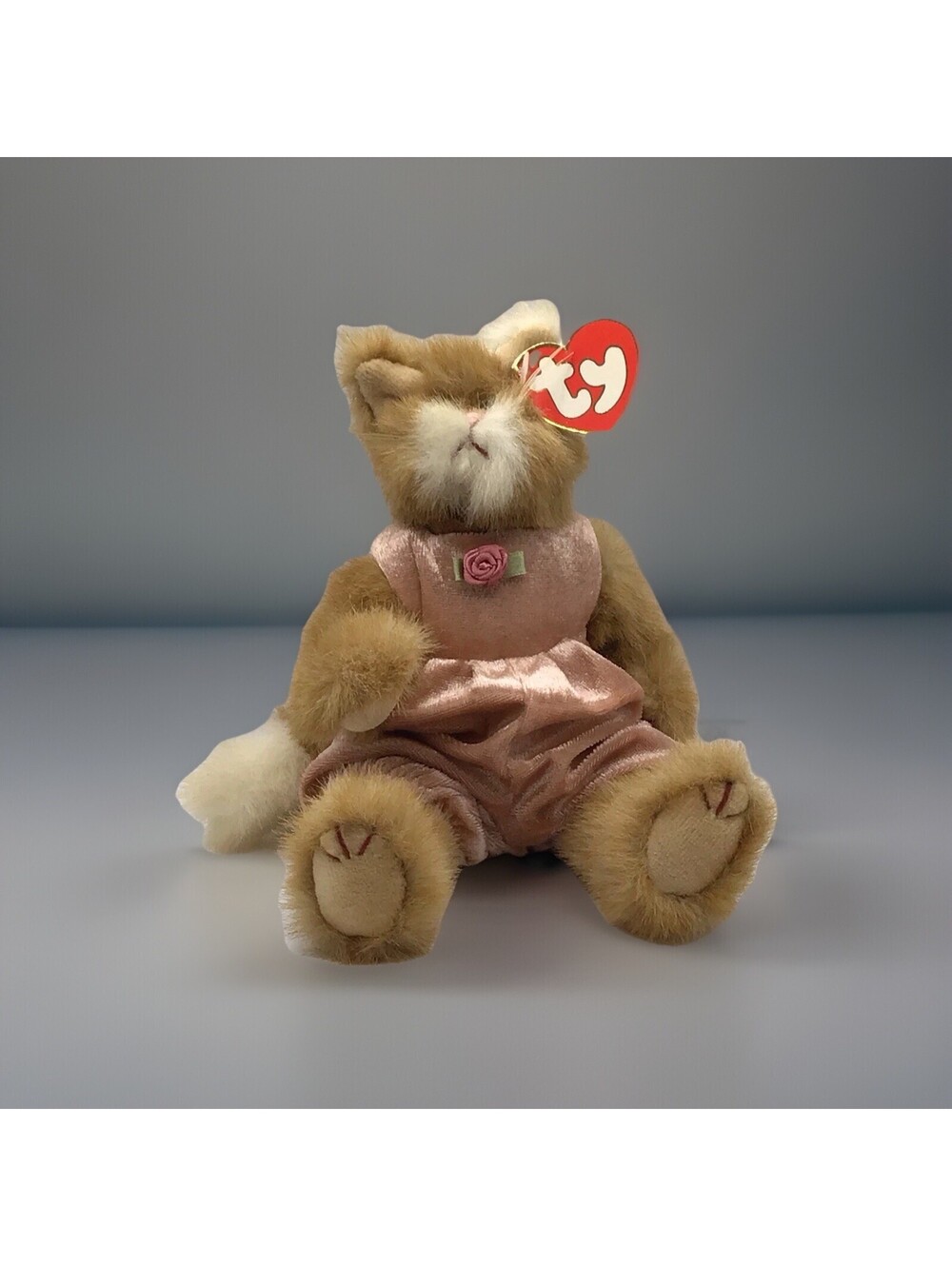 1993 Ty Attic Treasures POUNCER Cat Plush Jointed Brown White Pink Jumper Tag